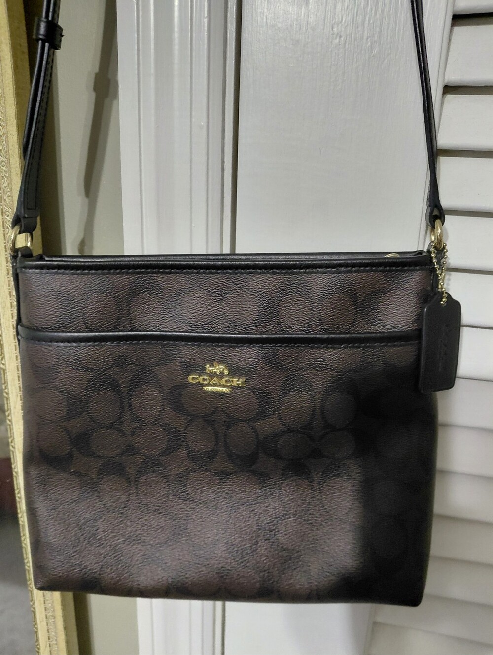 Coach Dark Brown Signature Crossbody Bag with Gold Logo